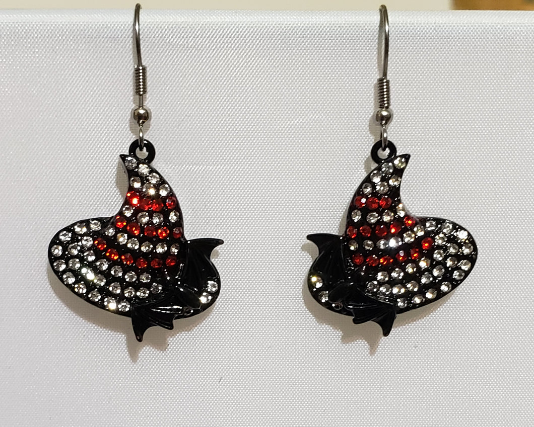 Halloween Themed, Witch Hat with Bat, Austrian Crystal on Silver Tone Fish Hooks Earrings