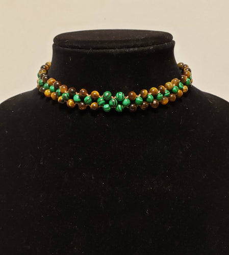 Hand Knotted African Malachite & Tiger's Eye on Brown Silk. Magnet Bolo Style Necklace, 12