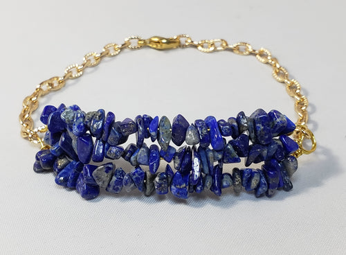 Hand Crafted All Natural, Triple Strand Lapis Lazuli Gemstone & Gold Tone Chain. Non Tarnish & Fully Adjustable to 7.5