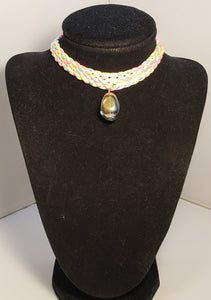 Rainbow / Multi Color Nylon Choker with Iridescent Czech Glass Drop, Adjustable 11.5"-13.5" with Gold Tone Chain & Clasp