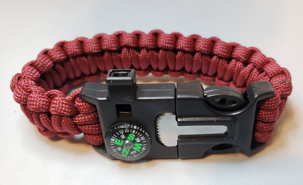 SURVIVAL BRACELET. 5 in 1 with Paracord, Compass, Fire Starter, Whistle & Scraper/Knife. 8.5