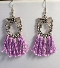 Load image into Gallery viewer, Hypoallergenic Silver Tone Metal Earrings with Floer &amp; Pink Tassels on Fish Hook Earrings.