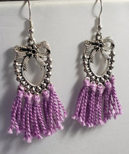 Load image into Gallery viewer, Hypoallergenic Silver Tone Metal Earrings with Floer &amp; Pink Tassels on Fish Hook Earrings.