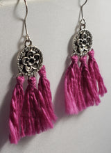 Load image into Gallery viewer, Hypoallergenic Silver Tone Metal Earrings with Flower &amp; Pink Tassels on Fish Hook Earrings.