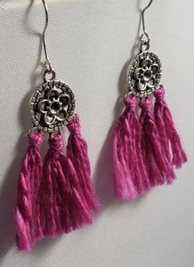 Hypoallergenic Silver Tone Metal Earrings with Flower & Pink Tassels on Fish Hook Earrings.