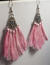 Load image into Gallery viewer, Hypoallergenic Silver Tone Metal Earrings with Flower &amp; Light Pink Tassels on Fish Hook Earrings