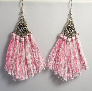 Hypoallergenic Silver Tone Metal Earrings with Flower & Light Pink Tassels on Fish Hook Earrings