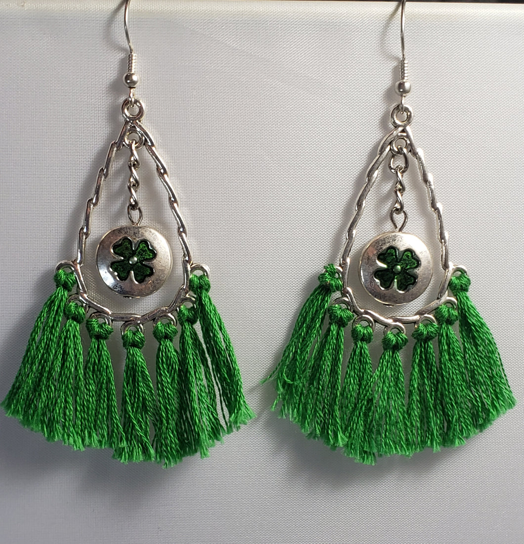 Hypoallergenic Silver Tone Metal Earrings with Green 4 Leaf Clover & Tassels On Fish Hook Earrings