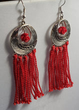 Load image into Gallery viewer, Hypoallergenic Silver Tone Metal Earrings with Red Flower &amp; Tassels on Fish Hook Earrings