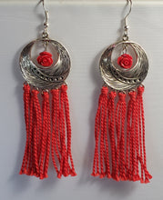 Load image into Gallery viewer, Hypoallergenic Silver Tone Metal Earrings with Red Flower &amp; Tassels on Fish Hook Earrings