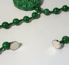 Load image into Gallery viewer, Genuine Handcarved Jade &quot;2 Qilins and Turtle&quot; Pendant (580+ cts with 9.5mm Rounds) on Hand Knotted Green Silk Necklace, 18&quot; with Magnet Clasp.
 