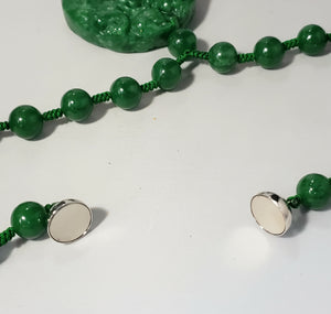 Genuine Handcarved Jade "2 Qilins and Turtle" Pendant (580+ cts with 9.5mm Rounds) on Hand Knotted Green Silk Necklace, 18" with Magnet Clasp.
 