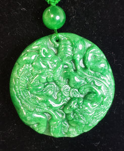 Genuine Handcarved Jade "2 Qilins and Turtle" Pendant (580+ cts with 9.5mm Rounds) on Hand Knotted Green Silk Necklace, 18" with Magnet Clasp.
 