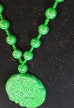 Load image into Gallery viewer, Genuine Handcarved Jade &quot;2 Qilins and Turtle&quot; Pendant (580+ cts with 9.5mm Rounds) on Hand Knotted Green Silk Necklace, 18&quot; with Magnet Clasp.
 