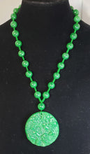 Load image into Gallery viewer, Genuine Handcarved Jade &quot;2 Qilins and Turtle&quot; Pendant (580+ cts with 9.5mm Rounds) on Hand Knotted Green Silk Necklace, 18&quot; with Magnet Clasp.
 