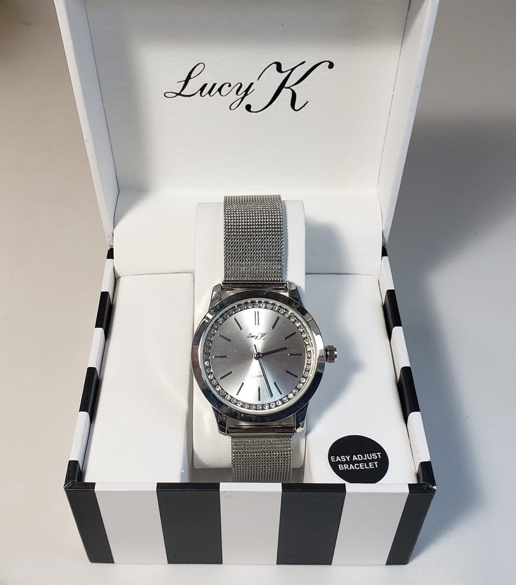 LUCY K Quartz Movement Watch with Faux MOP Dial and Mesh Strap in Silvertone