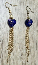 Load image into Gallery viewer, Hand Crafted, Blue &amp; Pink Glass Heart with Gold Tone Chain Dangle Earrings 3-4&quot;