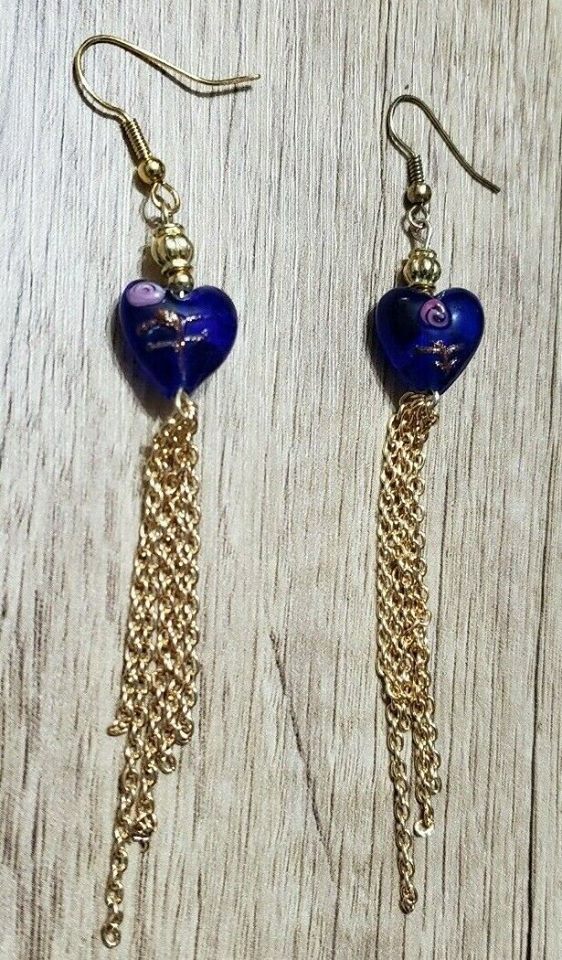 Hand Crafted, Blue & Pink Glass Heart with Gold Tone Chain Dangle Earrings 3-4