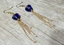 Load image into Gallery viewer, Hand Crafted, Blue &amp; Pink Glass Heart with Gold Tone Chain Dangle Earrings 3-4&quot;