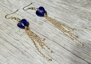 Hand Crafted, Blue & Pink Glass Heart with Gold Tone Chain Dangle Earrings 3-4"