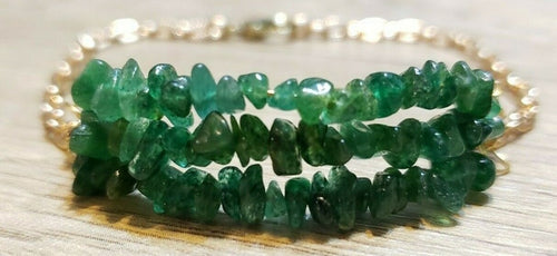 Hand Crafted All Natural Adventurine Gemstone & Gold Tone Chain Bracelet. Triple Strand, Adjustable to 8.5