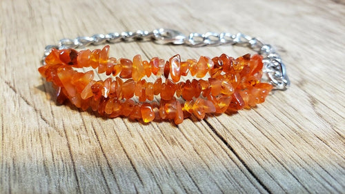 Hand Crafted All Natural Carnelian Gemstone & Chain Bracelet. Triple Strand, Adjustable to 7.5