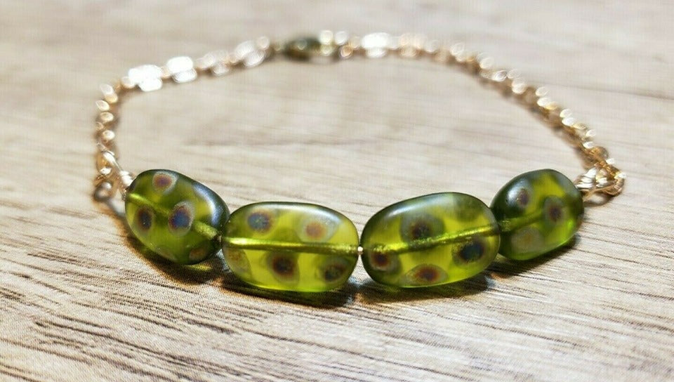 Hand Crafted, Painted Green Millefiori Glass & Gold Tone Chain Bracelet. Adjustable to 8.5