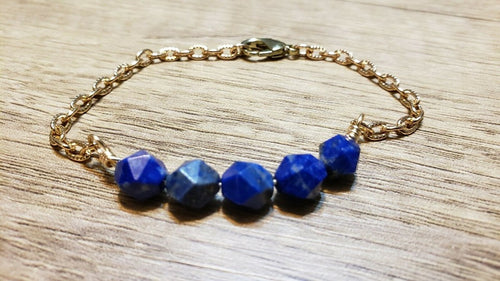 Hand Crafted Lapis Lazuli Gemstone & Gold Chain Bracelet.  Adjustable to 7.5