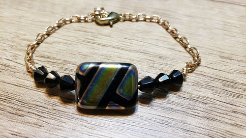 Hand Crafted, Painted Black Millefiori Glass & Gold Tone Chain Bracelet. Adjustable to 8.5