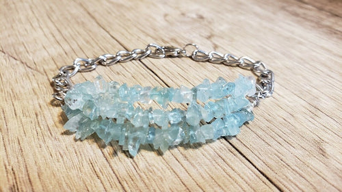 Hand Crafted All Natural Espirito Aquamarine Gemstone & Chain Bracelet. Triple Strand, Adjustable to 7.5