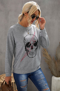 Halloween Skull and Lightning Graphic, Crew Neck, Drop Shoulder, Long Sleeve Top