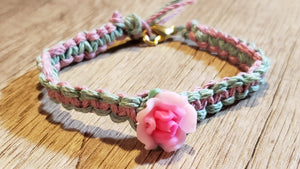 Natural Green & Pink Dyed Hemp 7" Bracelet with Soft Acrylic Flower Focal & Lobster claw clasp