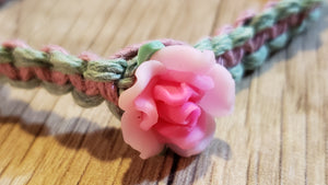 Natural Green & Pink Dyed Hemp 7" Bracelet with Soft Acrylic Flower Focal & Lobster claw clasp