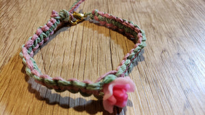 Natural Green & Pink Dyed Hemp 7" Bracelet with Soft Acrylic Flower Focal & Lobster claw clasp