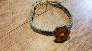 Natural Green & Orange Dyed Hemp 6.75" Bracelet with Czech Glass Flower Focal